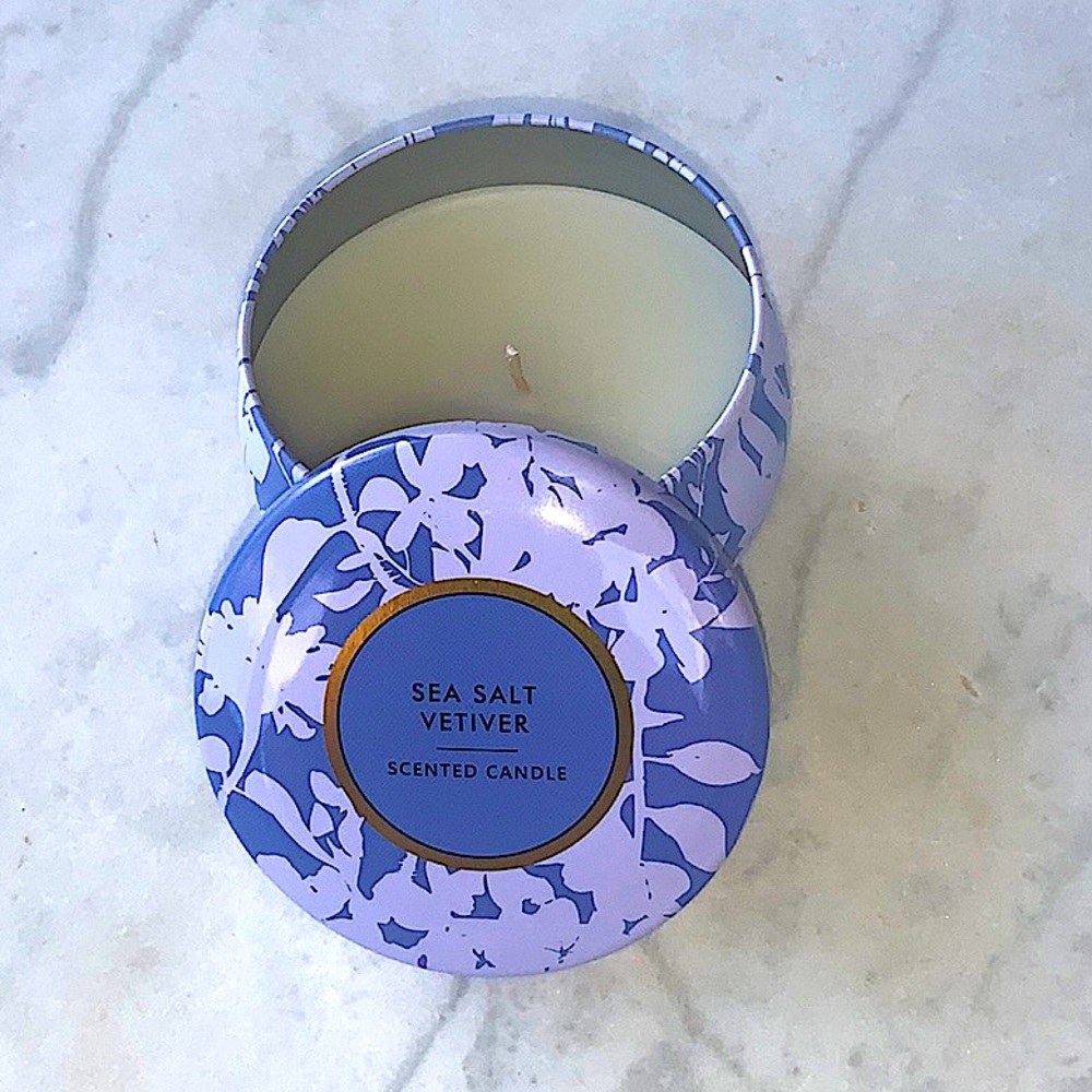 SUSAN JACOBS NEW YORK CANDLE “SEA SALT VETIVER” NEW 1 WICK METAL TIN 3.3 OZ NEW